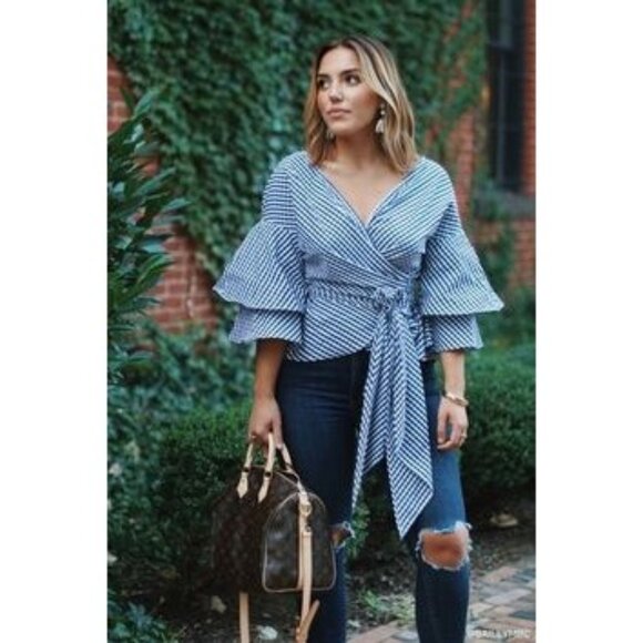 BeachLunchLounge Striped Tiered Ruffle Sleeve Wrap Bow Blouse Top Shirt - Picture 1 of 8